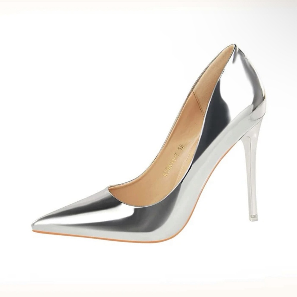 Metallic Silver Patent Stiletto Heels (4 inch)